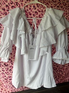 White Ruffled V-Neck Blouse with Statement Sleeves